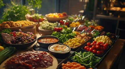 A lavish buffet table filled with an array of delicious and colorful food, perfect for a wedding, event, or party.