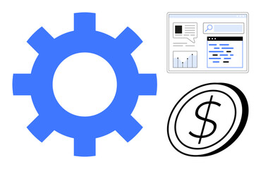 Blue gear alongside coin graphic and web interface with charts and search bar. Ideal for innovation, business, productivity, finance, technology, strategy, simple landing page