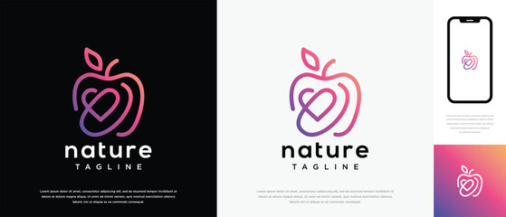 Apple fruit love logo design. Apple fruit logo template with leaf and love. Apple logo symbol icon