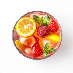 Cool summer lemonade featuring ice-chilled drink garnished with fresh berries, sliced lemon, mint leaves, resting on pristine white surface