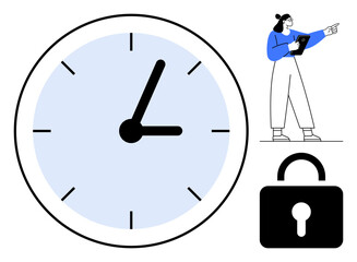 Large clock indicating time, person holding tablet pointing at tasks, and a secure padlock icon. Ideal for productivity, scheduling, organization, security, workflow, efficiency a simple landing