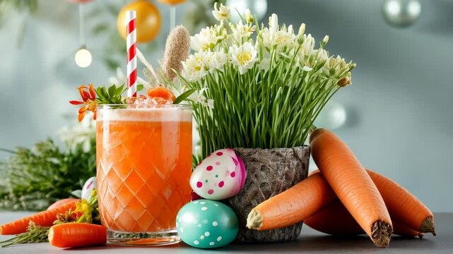 Festive easter scene with carrot juice, painted eggs, and spring blooms