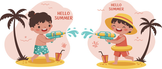 Children playing with water guns on summer beach with palm trees and refreshing drinks illustration 