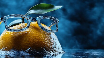 A vibrant orange with glasses resting on it, set against a moody blue background, evoking curiosity