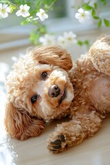 Toy Poodle Lying Indoors Surrounded by White Flowers
