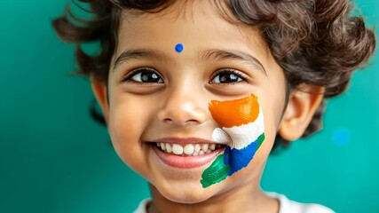 Cheerful child with face paint smiling and expressing joy against green background