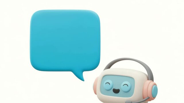 3D cartoon robot character with headphones answering with floating speech bubble  