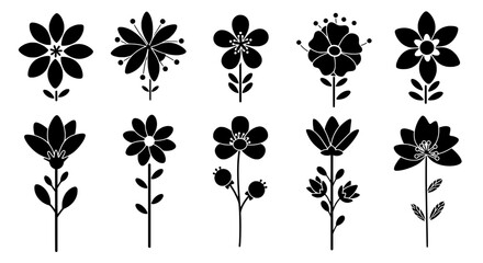 Floral Silhouette Symphony: An intricate and elegant black silhouette collection of various flowers, showcasing the beauty of nature in a clean, artistic way.