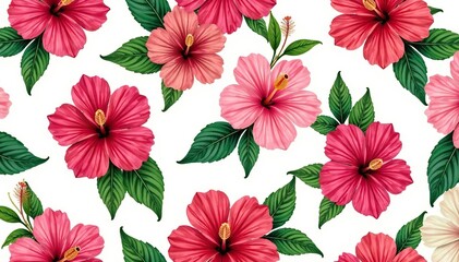 Bold hibiscus flowers, stylized design, seamless repeat pattern, white background ,  nature,  art,  design