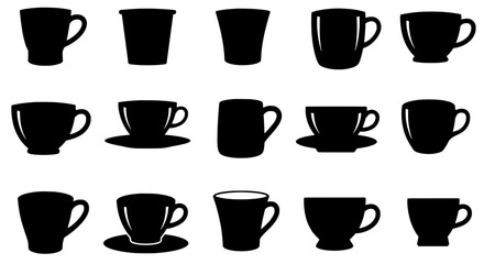 Collection of Coffee Cup Silhouettes: A diverse collection of coffee cup and mug silhouettes, perfect for various design projects.  Each silhouette is unique, offering a variety of shapes and sizes.