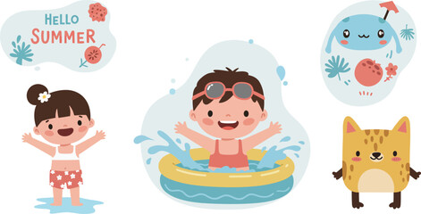 Children enjoying summer swimming pool fun with inflatable ring and friendly cat vector illustration 