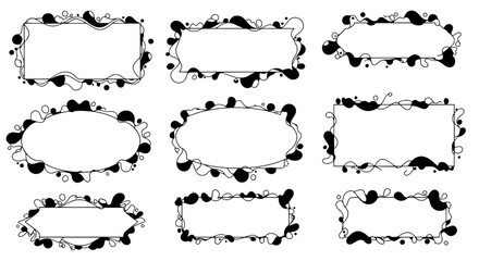 Abstract Doodle Frames: A collection of nine unique, hand-drawn doodle frames in black and white, offering diverse shapes and styles for creative design projects. Perfect for adding a playful.