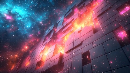 Naklejka premium Abstract cosmic explosion of glowing cubes in space.