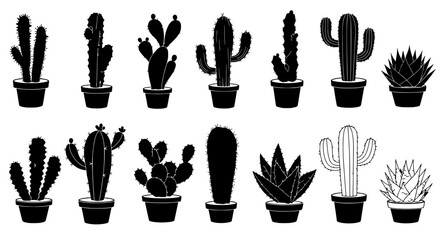 Cactus Variety: A captivating collection of potted cacti, each with a distinct silhouette, poised against a clean backdrop. Featuring a striking illustration showcasing nature's botanical diversity.