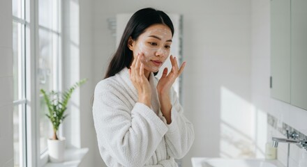 Asian Woman Applying Facial Treatment in Bright Modern Bathroom