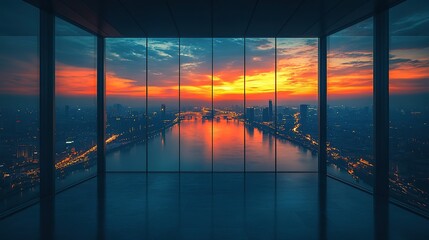 Fototapeta premium Empty modern office space with panoramic city sunset view