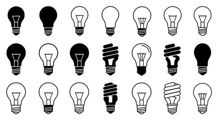 Light Bulb Icons Collection: A diverse set of light bulb icons, including incandescent, LED, and CFL styles, in black and white. Perfect for presentations, websites, or any project needing simple.