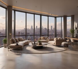 Fototapeta premium Luxurious apartment interior with panoramic city views, window, sunset view, bright