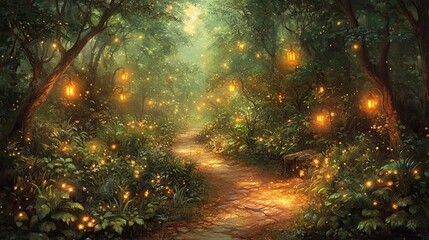 Fototapeta premium Enchanting forest path bathed in warm light