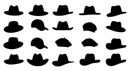 Hat Silhouettes: An arrangement of various hat silhouettes, perfect for design or fashion projects. A collection of different hat styles in shadow form.