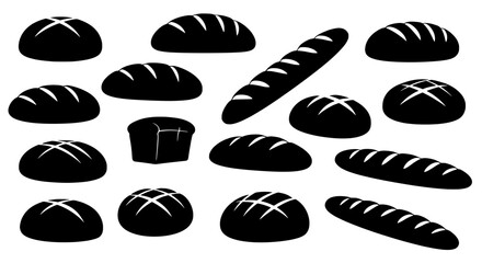 Bread Shapes Silhouettes: A set of 14 detailed black bread silhouettes, including round loaves, baguettes, and a loaf of bread. The silhouettes are isolated on a white background.