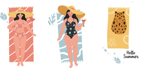 Woman Relaxing on Beach Towels Wearing Straw Hat and Swimsuit in Summer Vector Illustration 