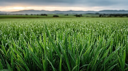 Obraz premium Lush green grass field with morning dew drops.