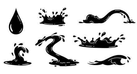 Fluid Dynamics in Ink: A series of dynamic ink splashes and a single drop capture the elegance of fluid dynamics. The high-contrast black and white render creates a captivating visual narrative.
