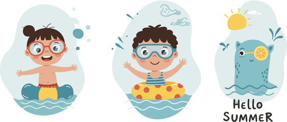 Child swimming with goggles and animals floating on water in summer vector illustration 