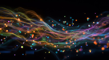 Obraz premium A mesmerizing digital artwork featuring vibrant, multicolored light trails intertwined with glowing particles against a dark background. The image evokes a sense of movement and energy.