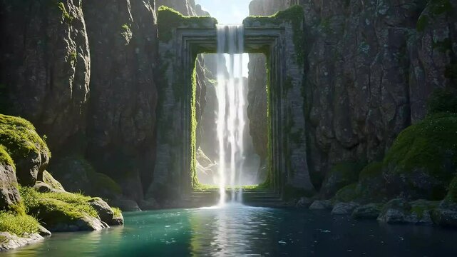 Waterfall Cliffside Gate Framed by Moss-Covered Stone. Great for RPG Fantasy Maps