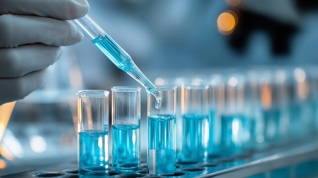 A gloved hand carefully uses a pipette to dispense a vibrant blue liquid into a row of clear test tubes in a laboratory setting.