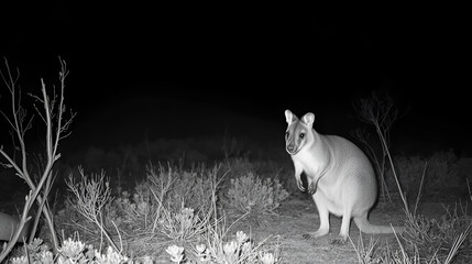 Curious LongNosed Potoroo Amidst Scattered Brush, Eerie Mood of Nocturnal Australian Landscape with Soft Grayscale Hues.
