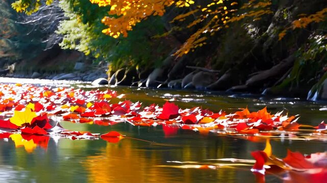 Autumn leaves of bright colors float downstream in the forest on a sunny day, a scene of the season of colorful foliage and river reflections.