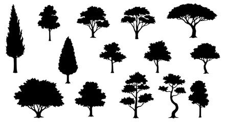 Tree Silhouettes Set: A collection of thirteen diverse tree silhouettes, perfect for enhancing landscaping designs, creating nature-inspired graphics, and adding a touch of tranquility to any project.