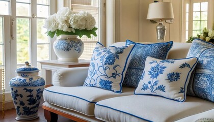 Beautiful blue and white living family room, white peonies, decorative pillows, white couch, sofa, window, lamp, elegant, interiors, comfortable, hotel, home, house