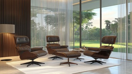 Fototapeta premium Elegant home interior featuring pleated sheer curtains and stain-resistant white rug