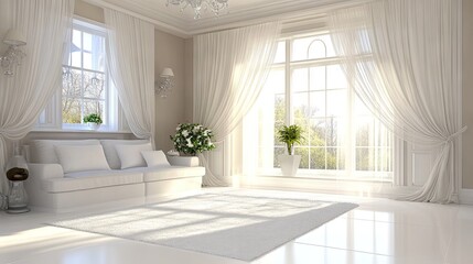 Elegant home interior featuring pleated sheer curtains and stain-resistant white rug