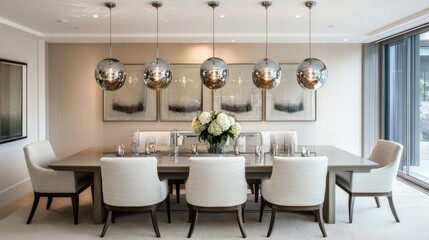 Glass and chrome pendant lights hanging above dining table set with neutral tones