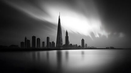 Fototapeta premium Dubai skyline at night, United Arab Emirates. Black and white