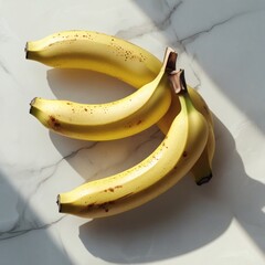 Three Ripe Bananas on Marble Surface, Sunlit Still Life Photography