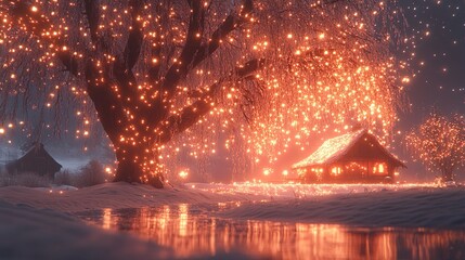 Magical winter scene with a cozy cabin bathed in warm light.  A tree adorned with twinkling lights casts a warm glow over a snow-covered landscape