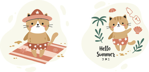 Cute kitten sitting on striped carpet with summer hat and starfish beach scene summer theme vector illustration 