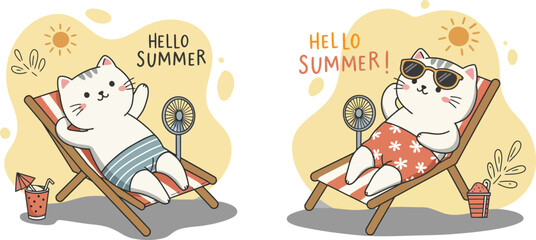 Cute cats relaxing on beach chairs with sun umbrella and summer accessories vector illustration 