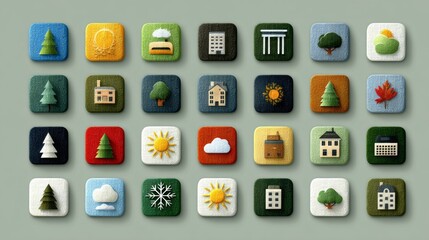Collection of Nature and City Icons in Square Canvas Texture