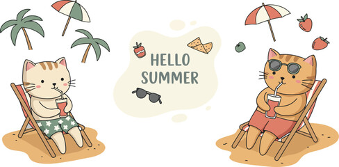 Fototapeta premium Cute cats relaxing on beach chairs with summer theme and beverages vector illustration 