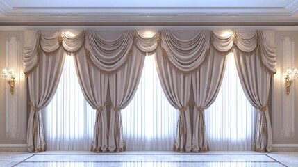 White rug beneath beige eyelet curtains in a well-lit luxury home setting