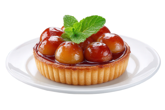 Delicious tart with glossy fruit glaze and mint garnish on a white plate ideal for dessert lovers poised to enjoy a sweet treat any time of the day
