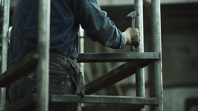 Construction Worker Using Hammer on Scaffolding
