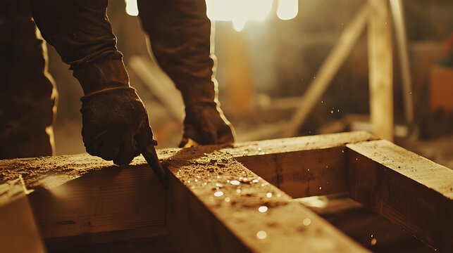 Close-up of a Carpenter Working with Wood - Powered by Adobe